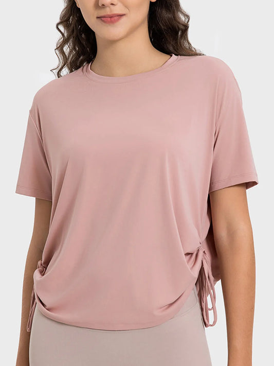 Drawstring Round Neck Short Sleeve Active T-Shirt Dusty Pink