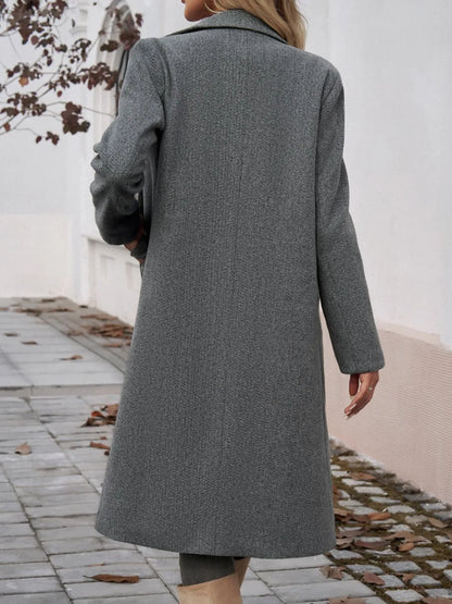 Pocketed Collared Neck Long Sleeve Coat Dark Gray