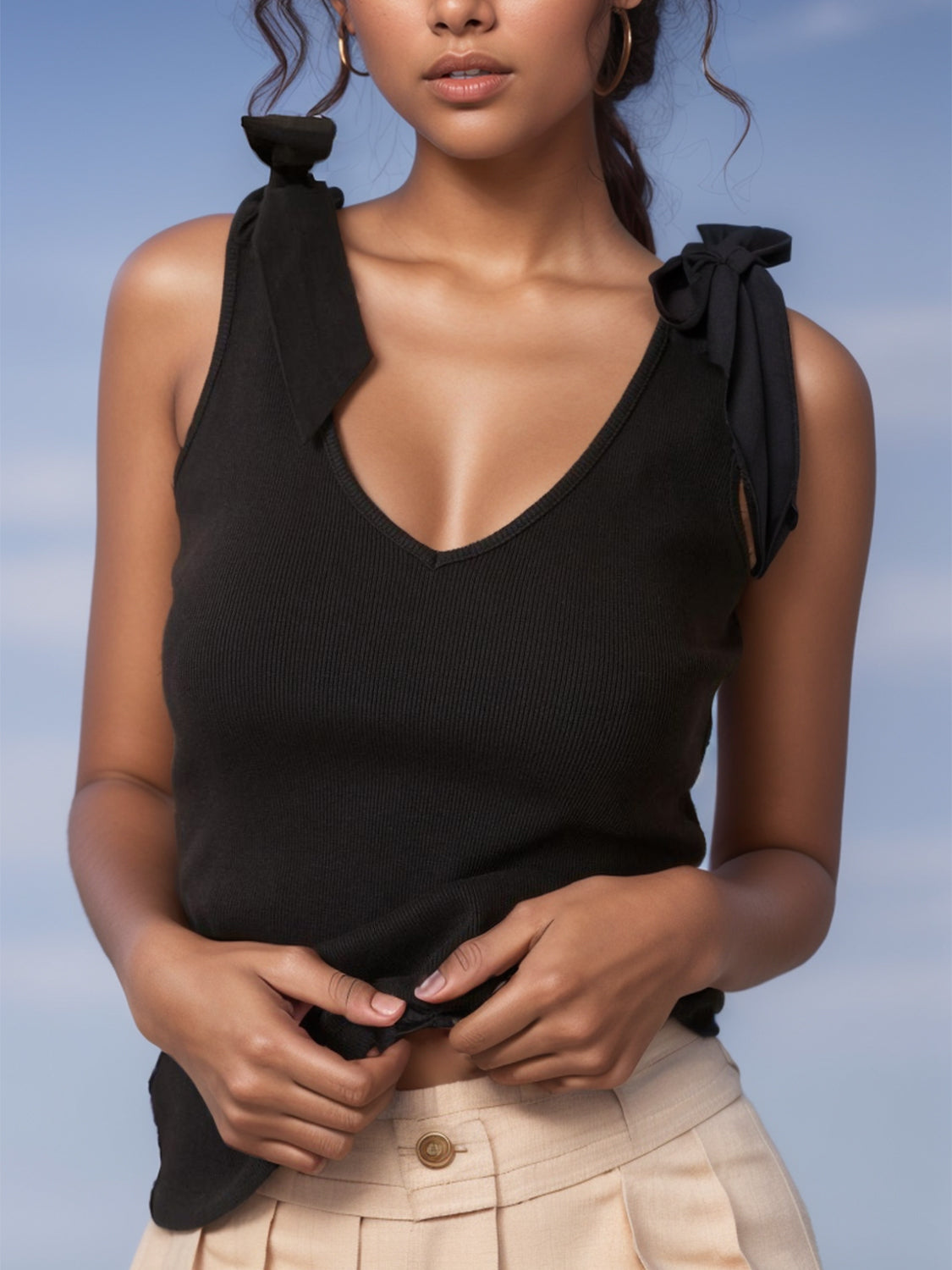 V-Neck Tie Shoulder Tank Black