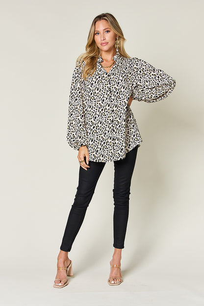 Double Take Full Size Leopard Long Sleeve Blouse White