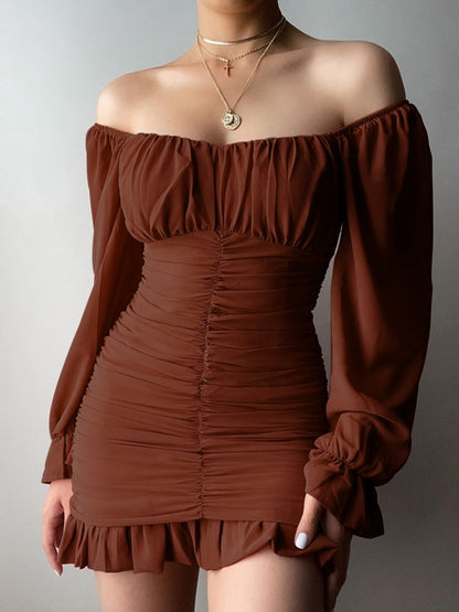 Ruffled Ruched Flounce Sleeve Mini Dress Brown