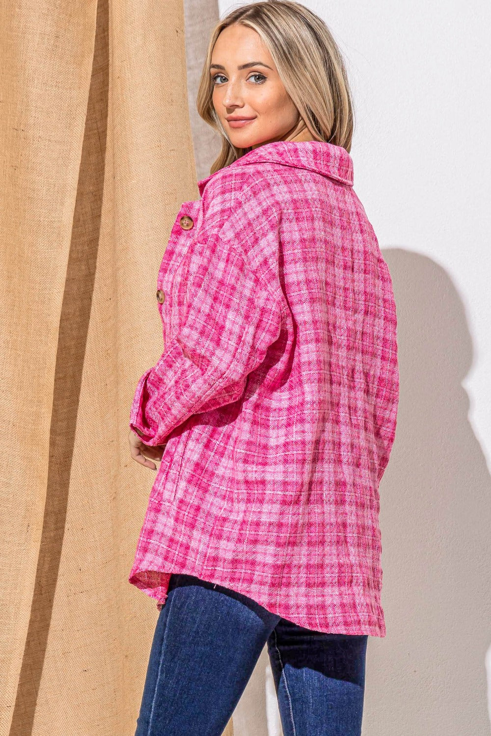 And The Why Full Size Tweed Button Down Long Sleeve Shacket Fuchsia