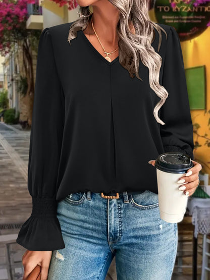 V-Neck Flounce Sleeve Blouse Black