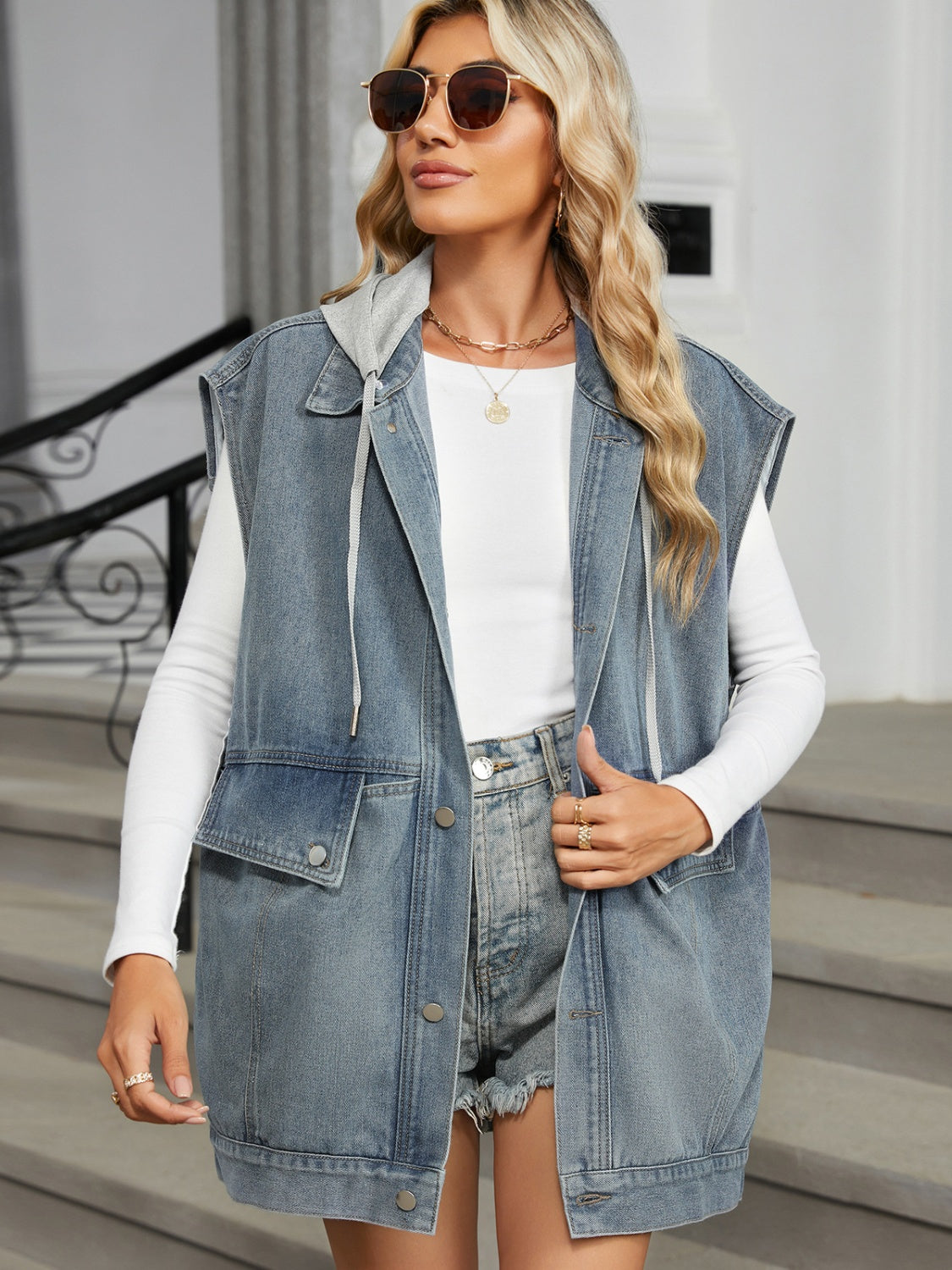 Removable Hood Button Up Cap Sleeve Denim Jacket Light