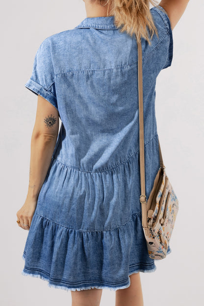 Raw Hem Collared Neck Short Sleeve Denim Dress Medium