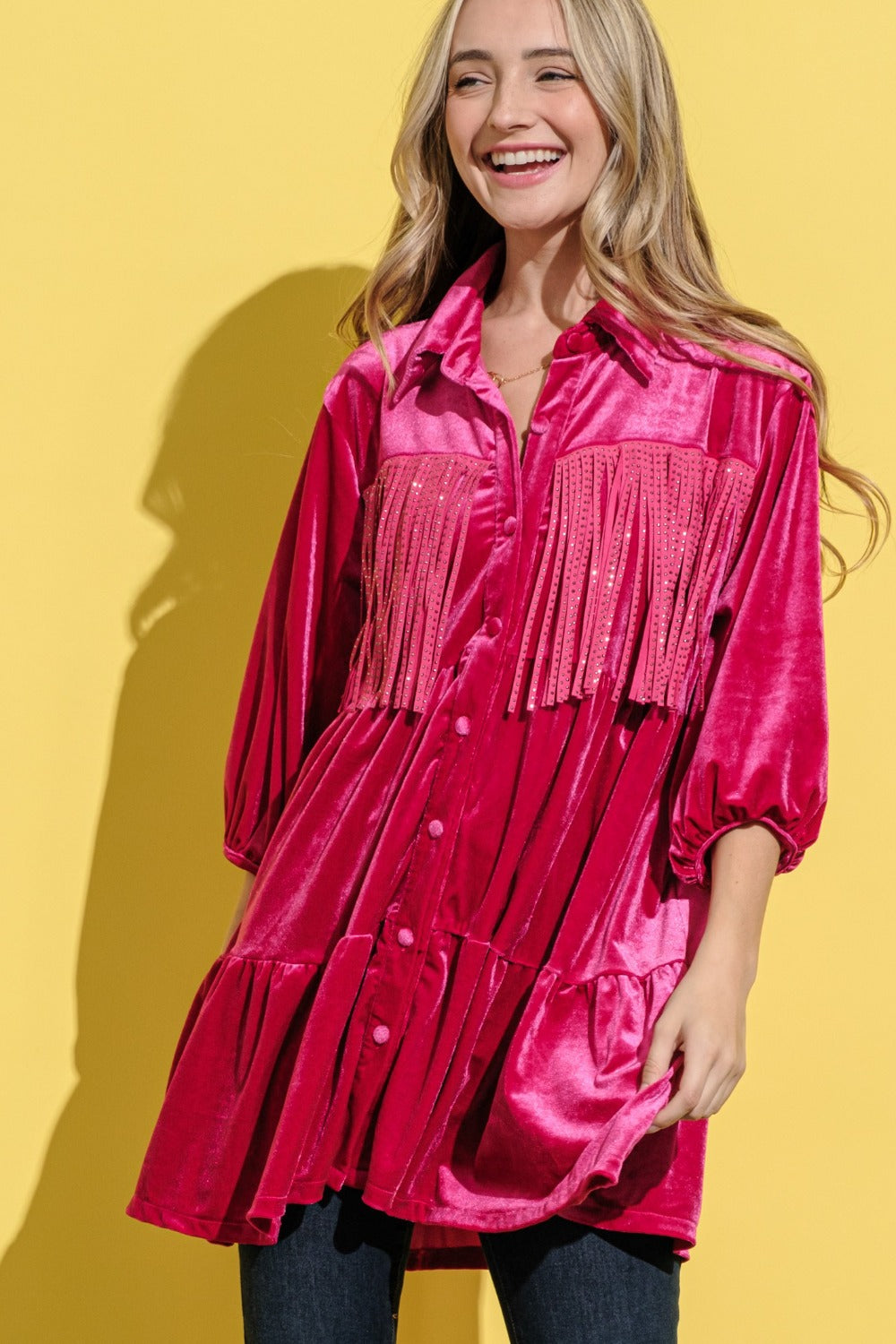 And The Why Fringe Detailed Velvet Shirt Dress Magenta