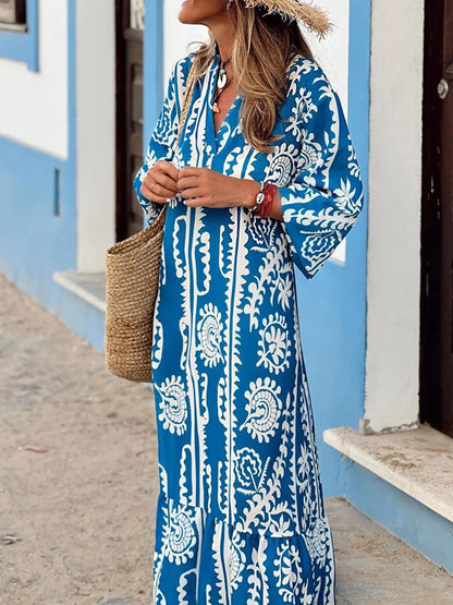 Printed Notched Half Sleeve Maxi Dress Blue