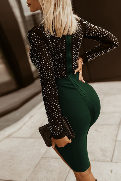 Rhinestone Mock Neck Long Sleeve Dress Dark Green