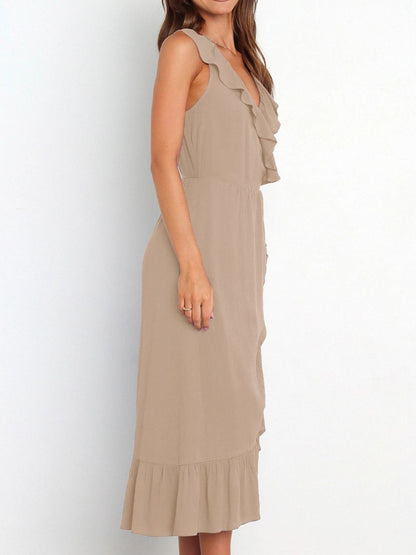 Ruffled Surplice Sleeveless Midi Dress Khaki