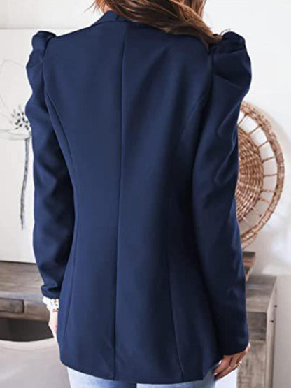 Collared Neck Puff Sleeve Blazer Dark Blue