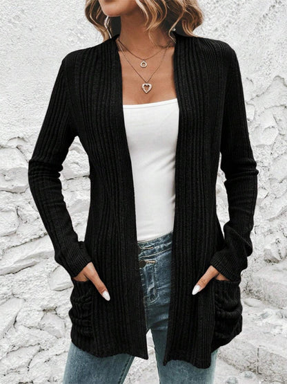 Pocketed Open Front Long Sleeve Cardigan Black