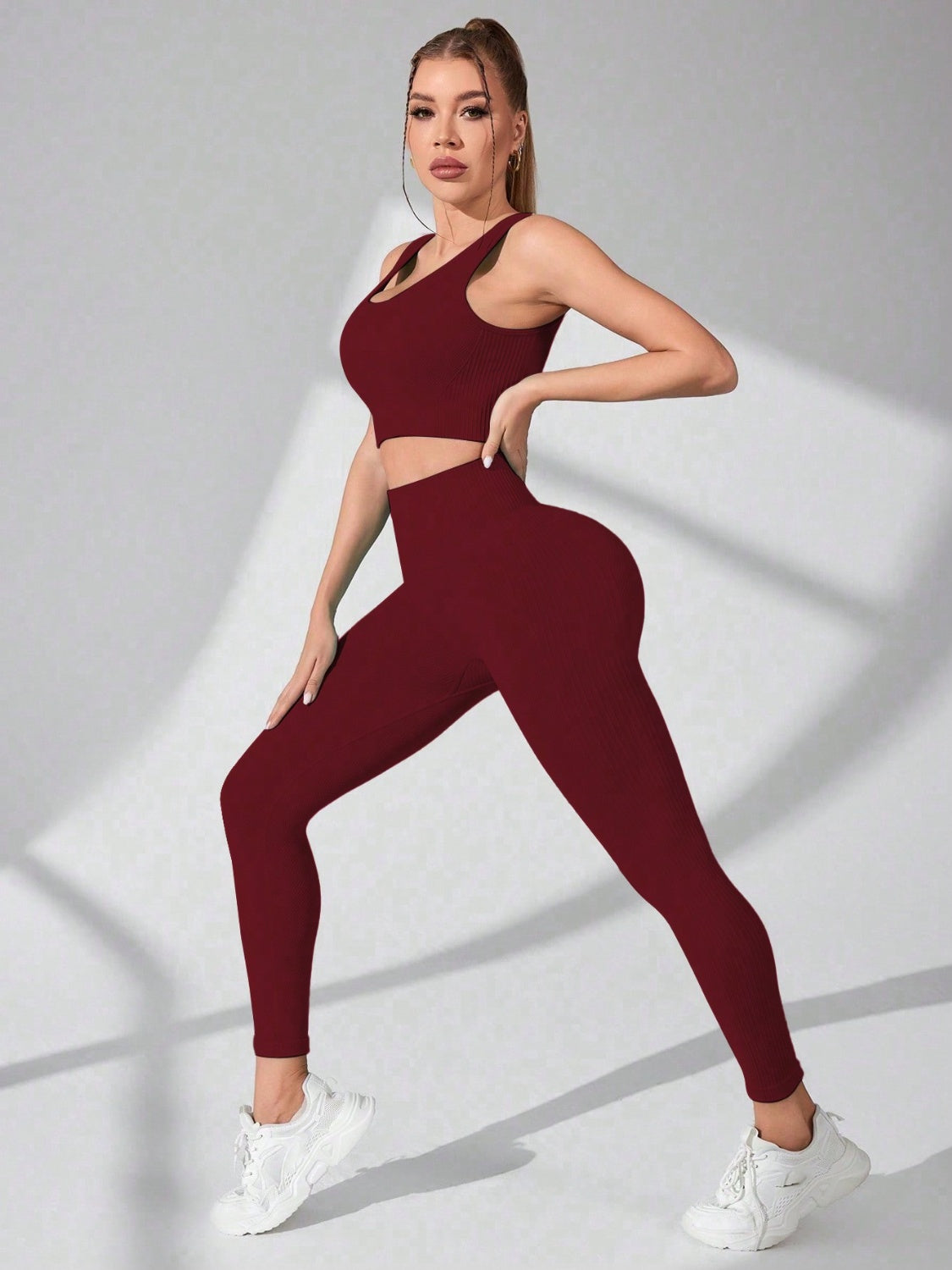 Scoop Neck Wide Strap Top and Pants Active Set Burgundy