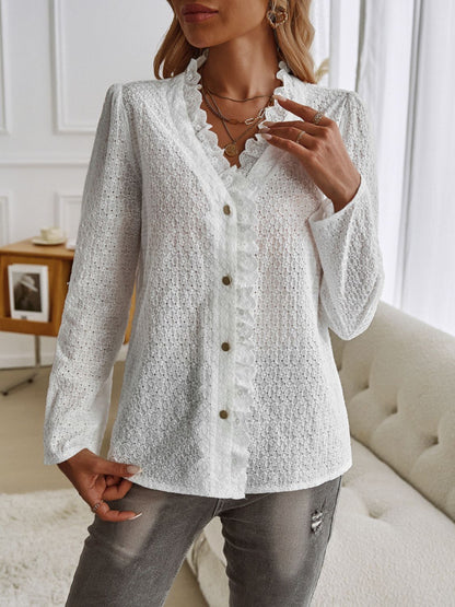 Devine Frill V-Neck Long Sleeve Shirt White