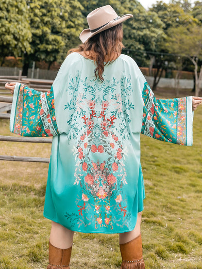 Plus Size Printed Open Front Long Sleeve Cover Up Turquoise