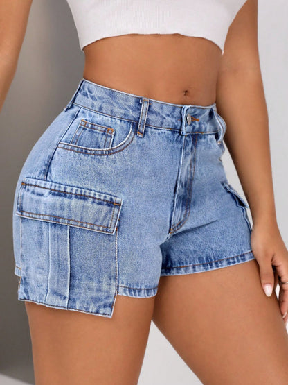 Mid-Rise Waist Denim Shorts with Pockets Light