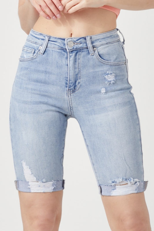 RISEN High Rise Distressed Denim Bermuda Shorts Light