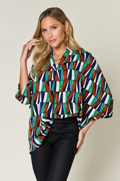 Double Take Full Size Geometric Notched Dolman Sleeve Top Turquoise