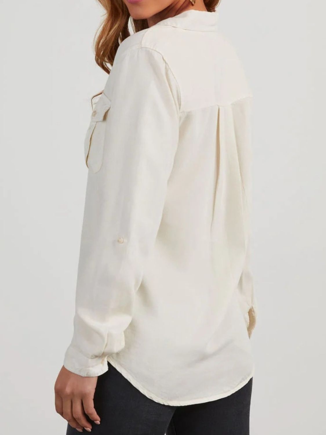 Collared Neck Roll-Tab Sleeve Denim Top White