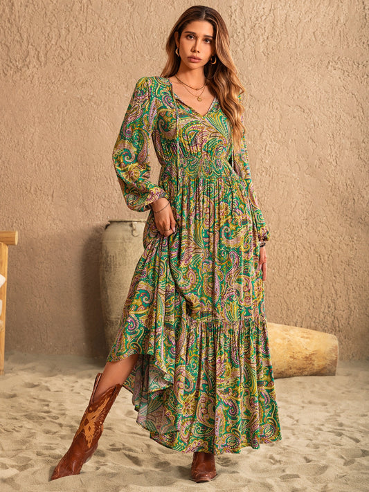 Printed Tie Neck Long Sleeve Dress Matcha Green