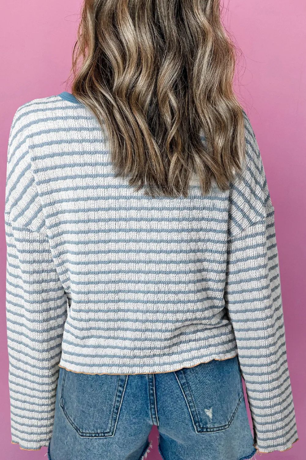 Striped Round Neck Dropped Shoulder Long Sleeve Top Dusty Blue