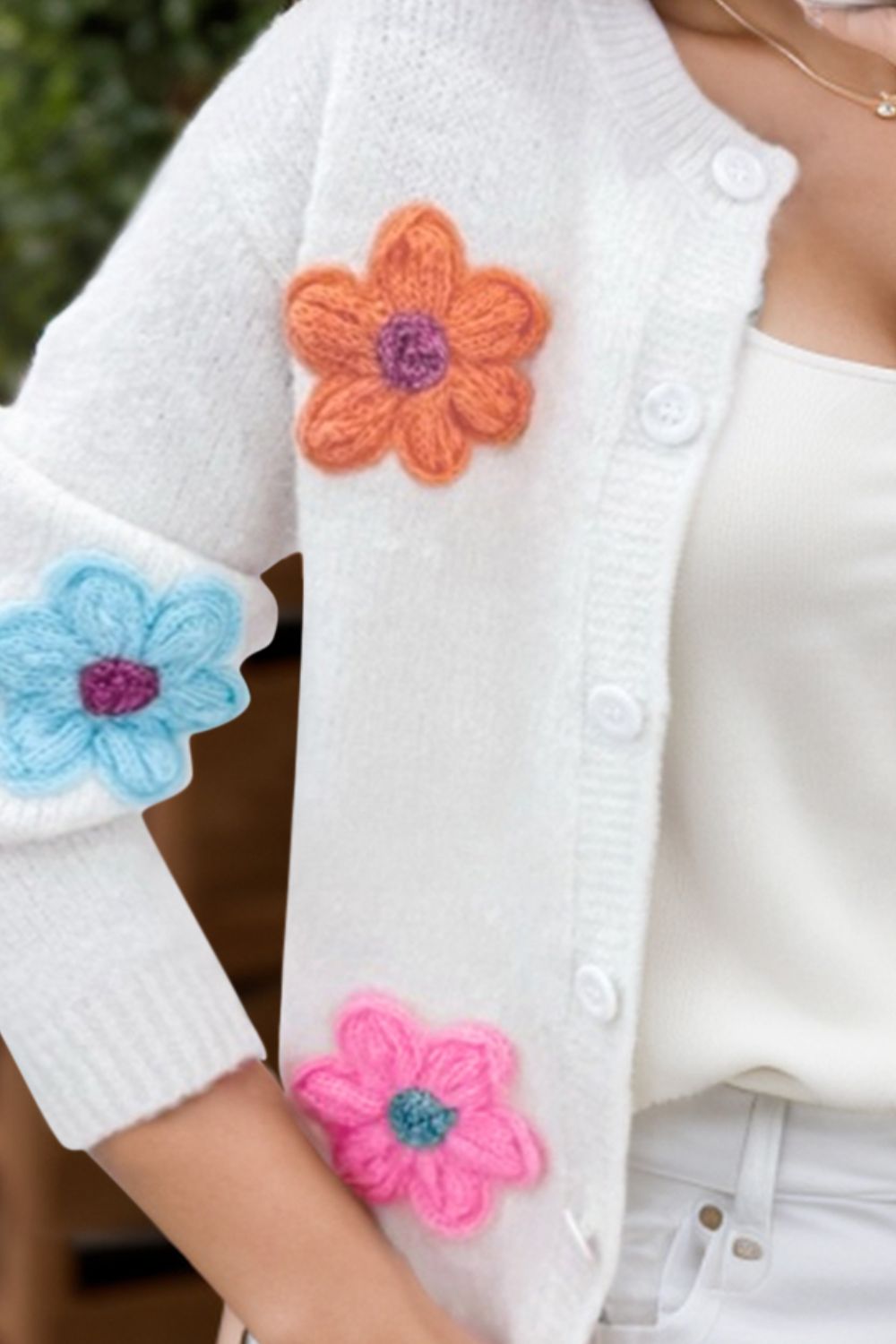 Flower Dropped Shoulder Long Sleeve Cardigan White