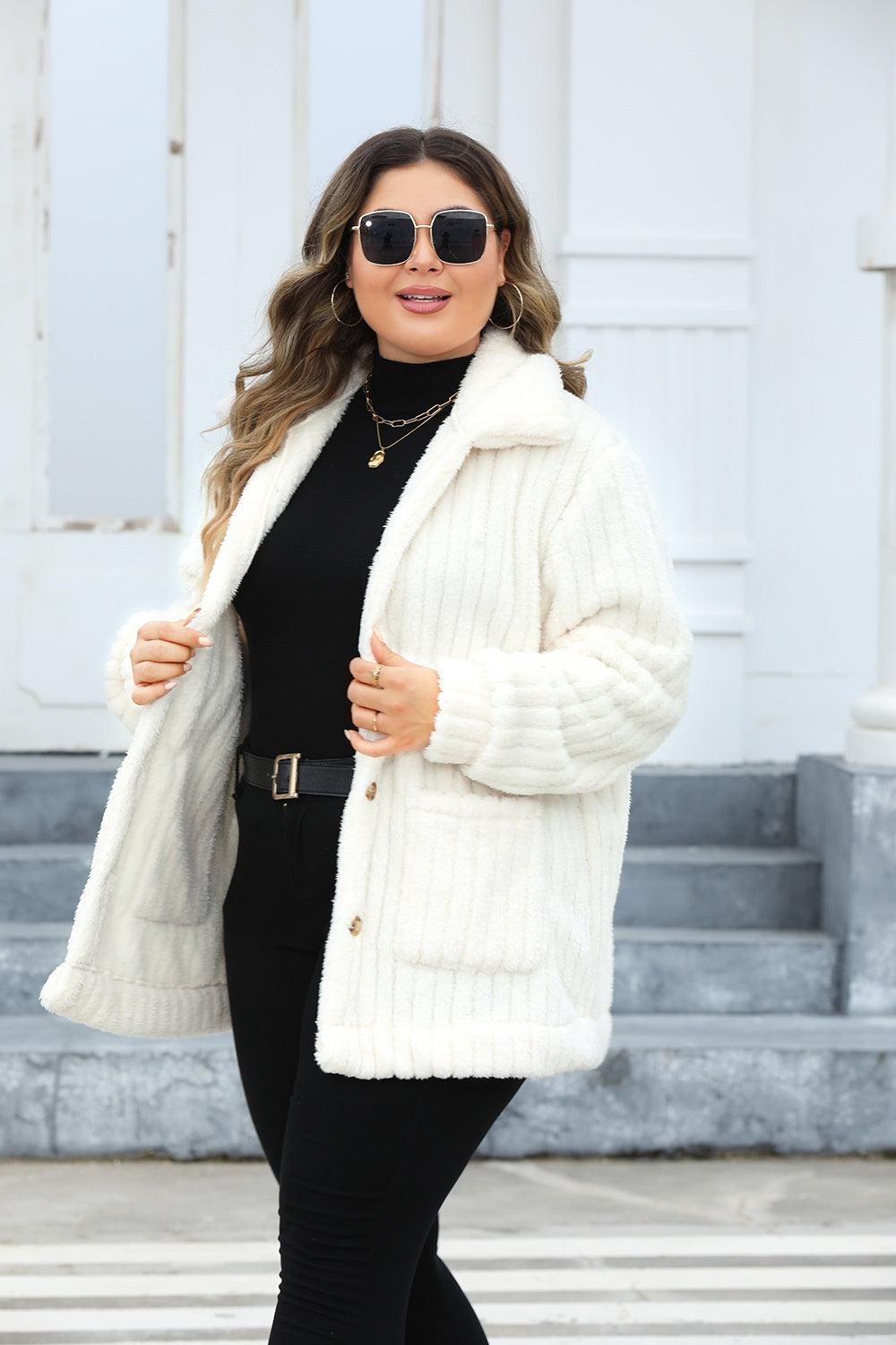 Plus Size Fuzzy Collared Neck Long Sleeve Jacket White