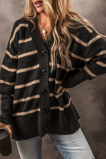 Striped Button Up Dropped Shoulder Cardigan Black