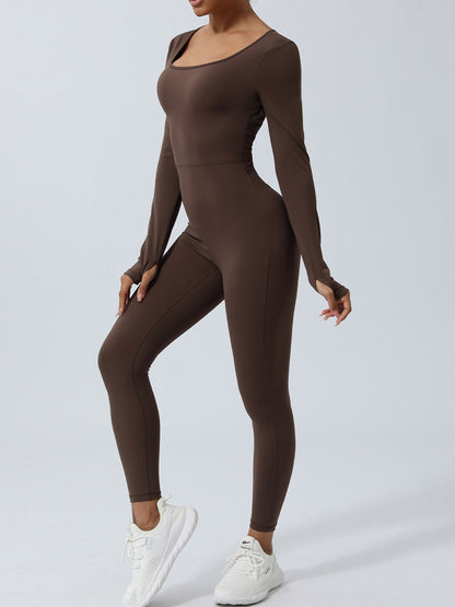 Twisted Backless Long Sleeve Jumpsuit Chocolate