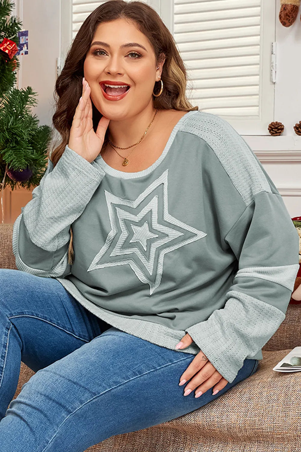 Plus Size Star Round Neck Long Sleeve Top Sage