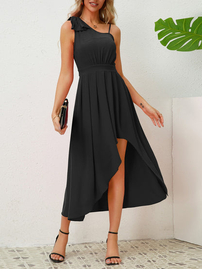 Bow Asymmetrical Neck Sleeveless Dress Black