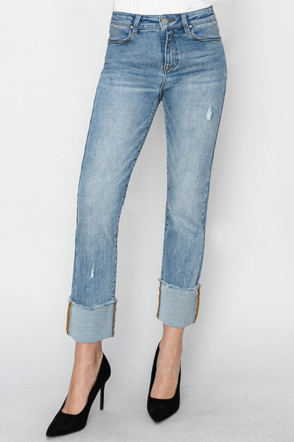 RISEN Full Size High Rise Cuffed Slim Straight Jeans Light