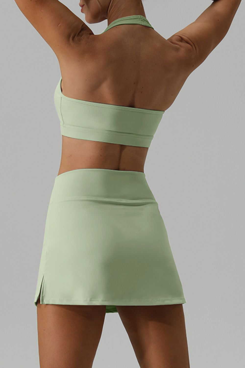 Halter Neck Tank and Slit Skirt Active Set Light Green