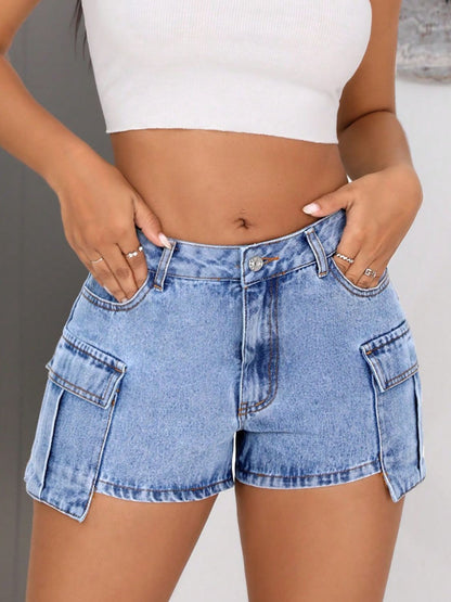 Mid-Rise Waist Denim Shorts with Pockets Light