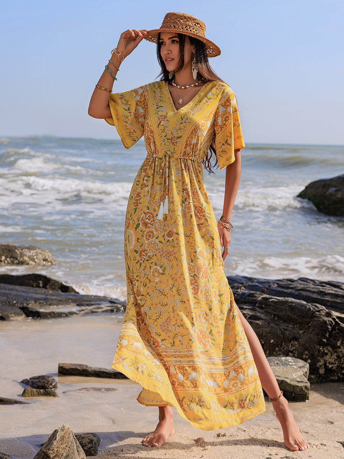 Drawstring Printed Plunge Half Sleeve Dress Gold