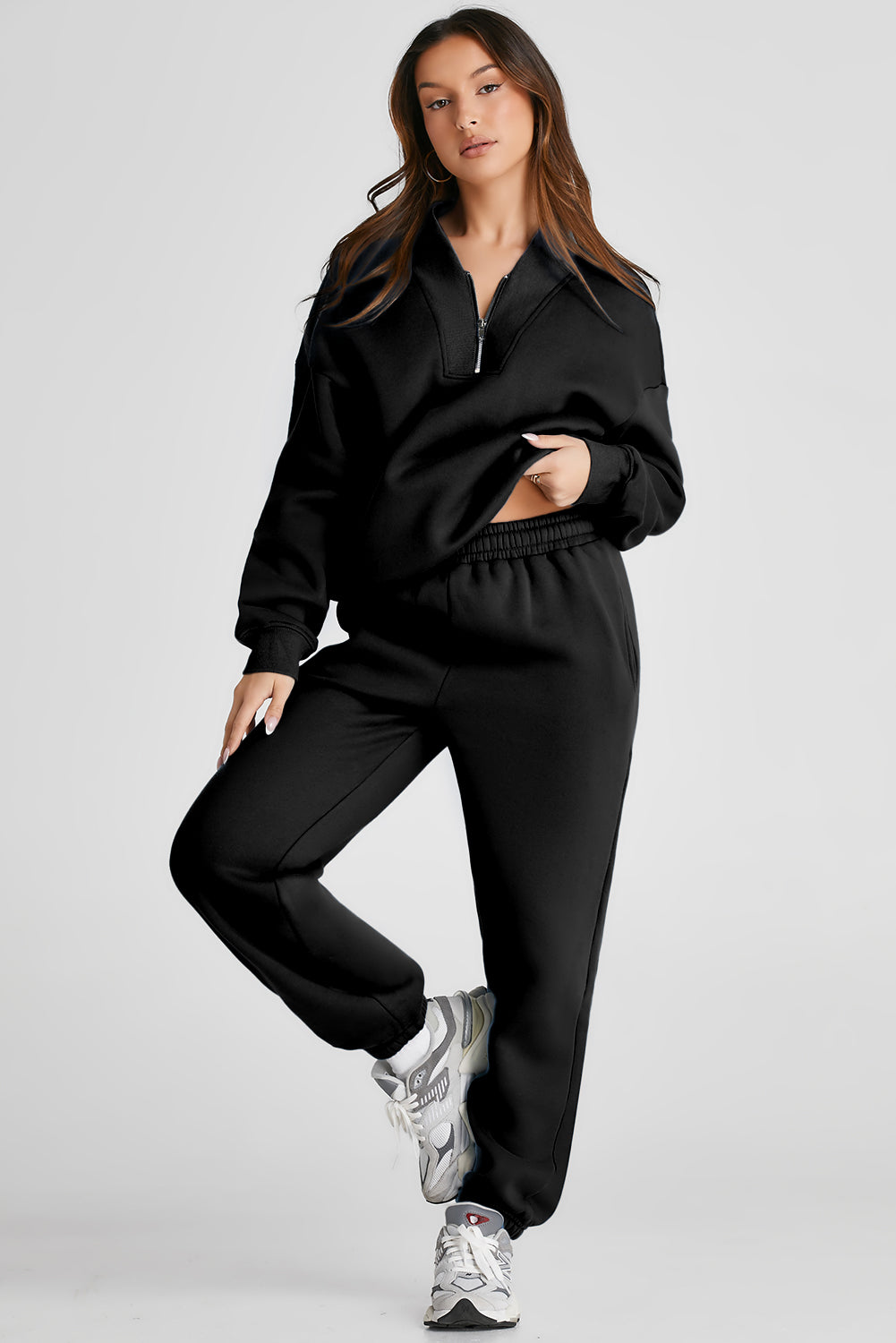 Quarter Zip Long Sleeve Top and Pants Set Black