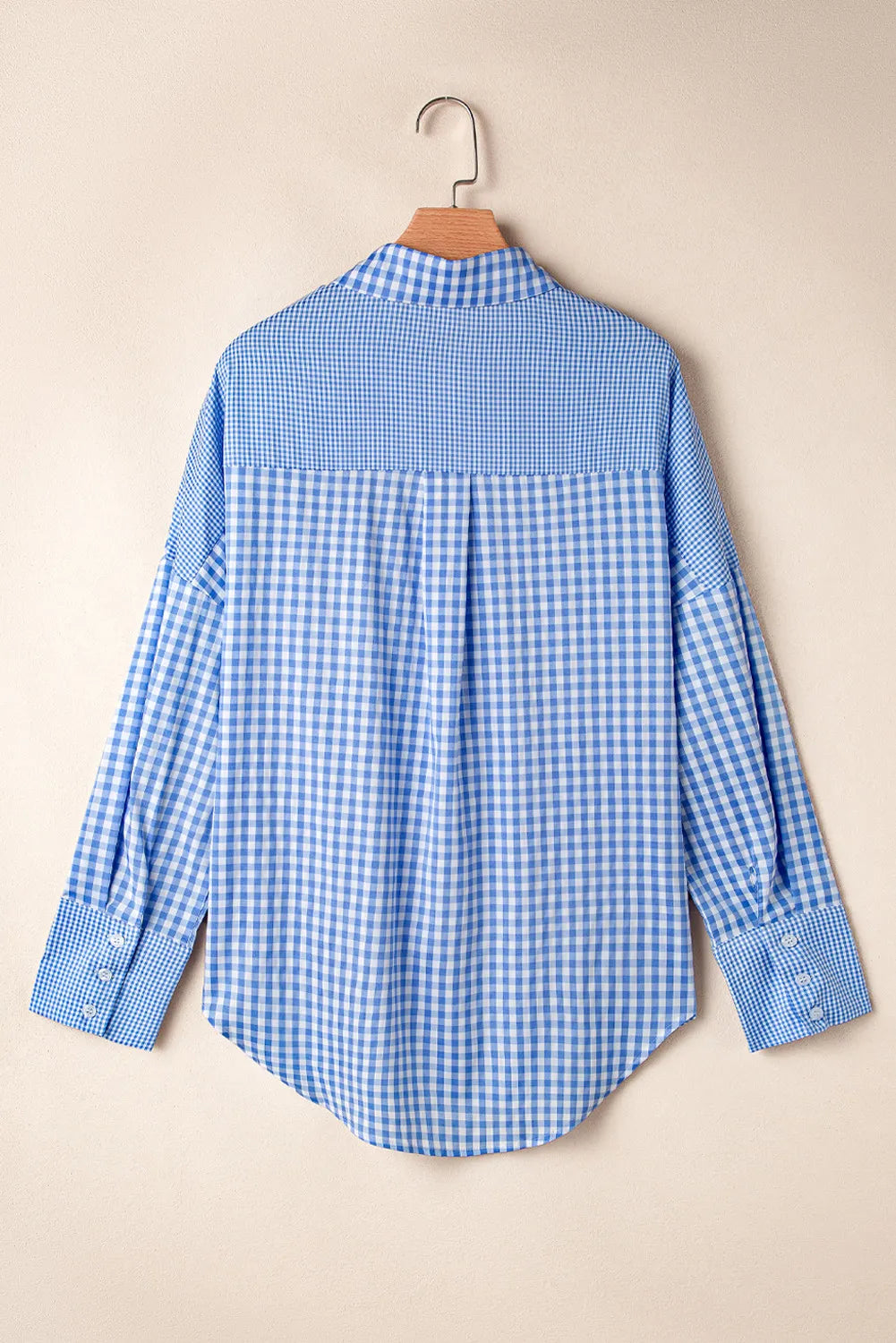 Pocketed Plaid Collared Neck Long Sleeve Shirt Light Blue