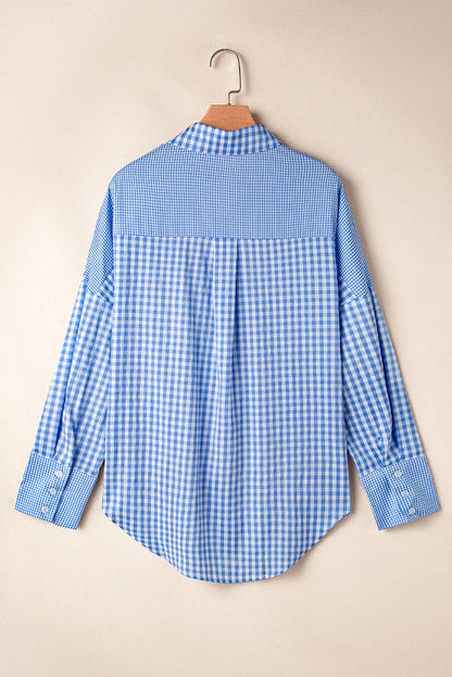 Pocketed Plaid Collared Neck Long Sleeve Shirt Light Blue