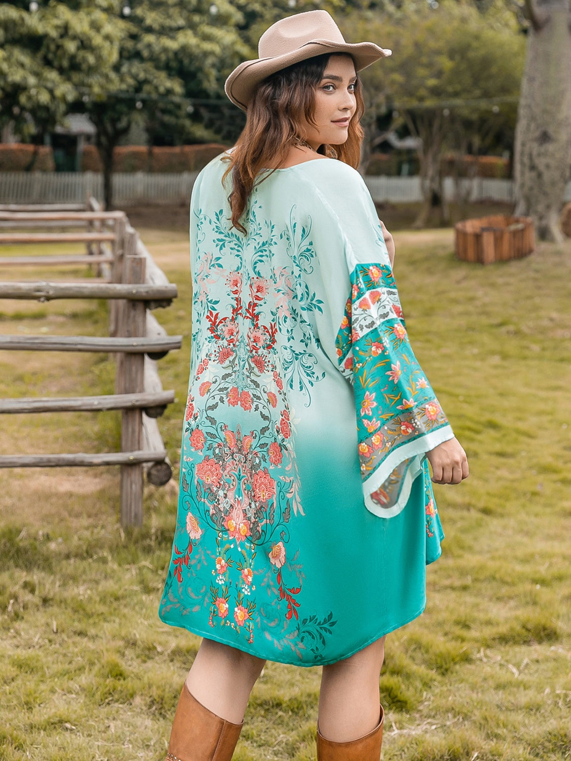 Plus Size Printed Open Front Long Sleeve Cover Up Turquoise