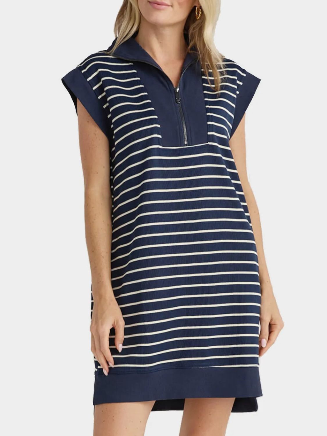 Full Size Pocketed Striped Quarter Zip Cap Sleeve Dress Dark Blue