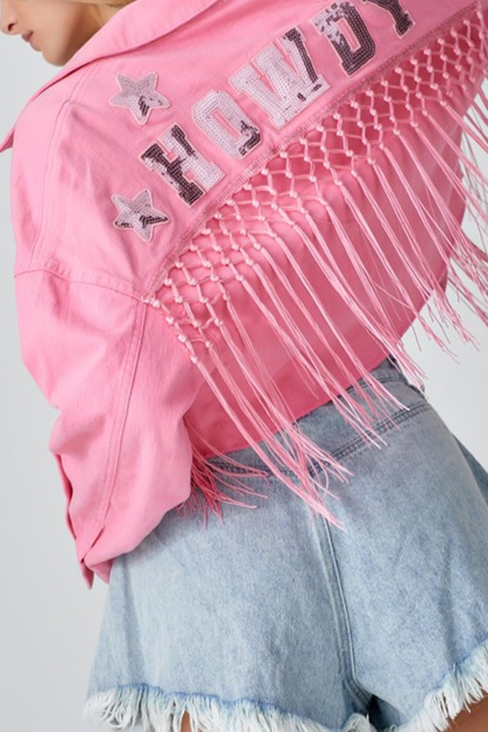 Tassel Sequin Letter Long Sleeve Denim Jacket Burnt Coral