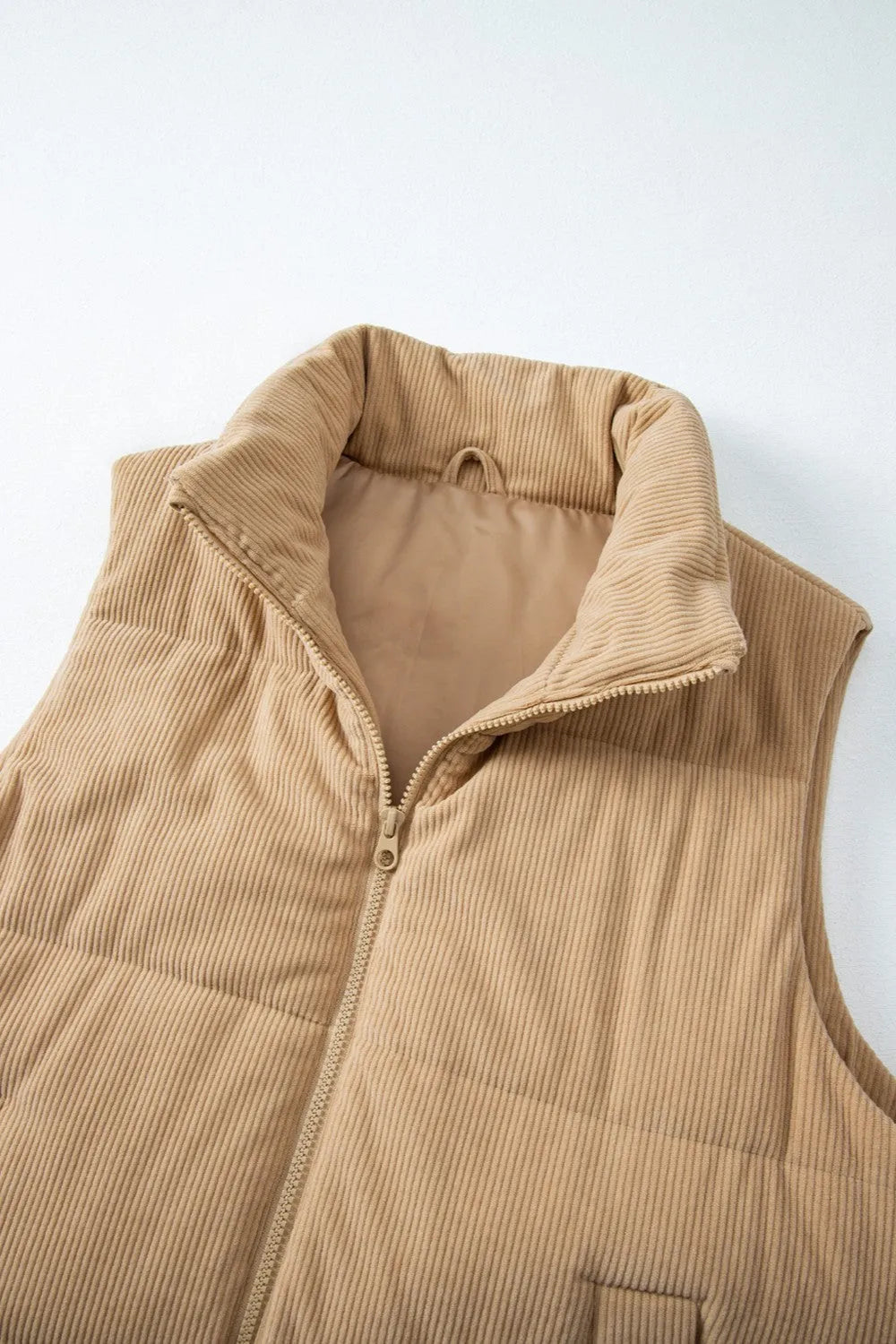 Pocketed Zip Up Turtleneck Vest Coat Tan