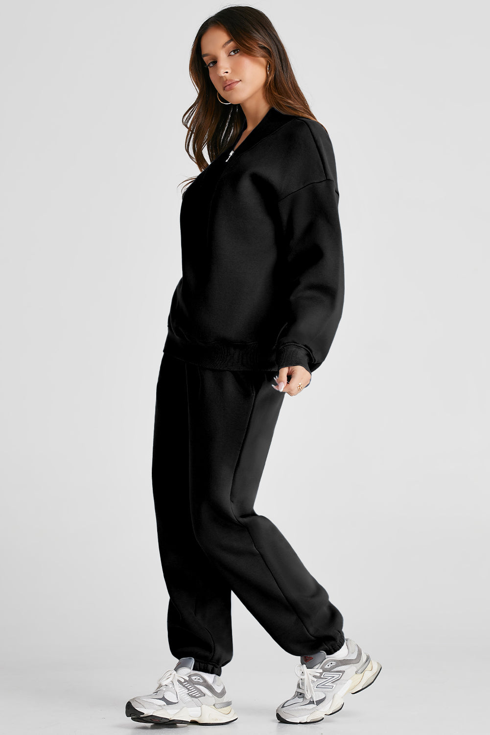 Quarter Zip Long Sleeve Top and Pants Set Black