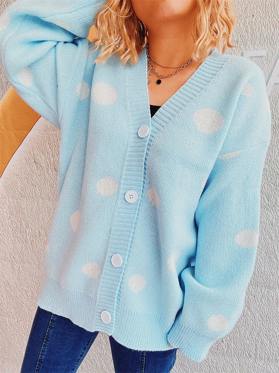 Polka Dot Button Up Cardigan Pastel Blue One Size