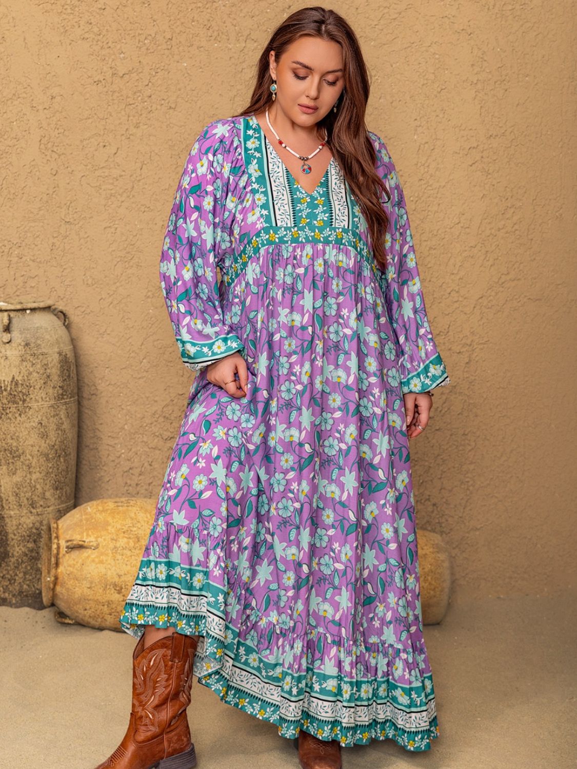 Plus Size Printed V-Neck Long Sleeve Maxi Dress Mauve