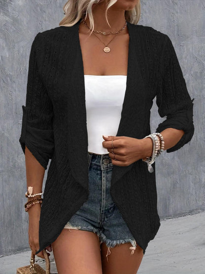 Eyelet Roll-Tab Sleeve Cardigan Black