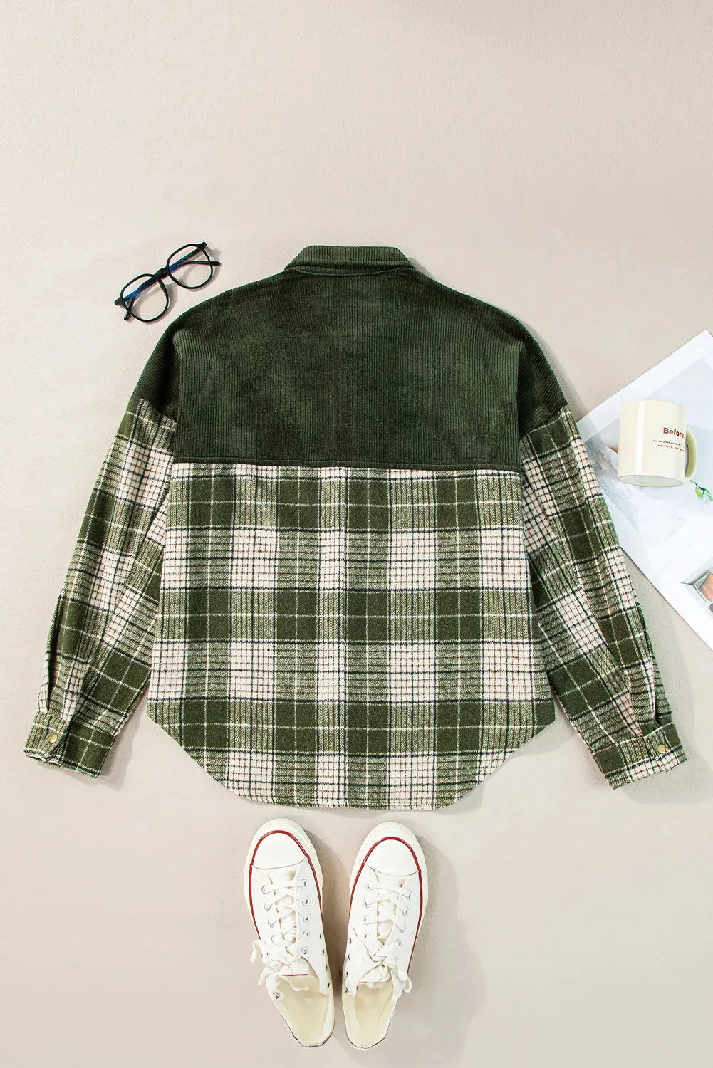 Plaid Button Up Long Sleeve Jacket Dark Green