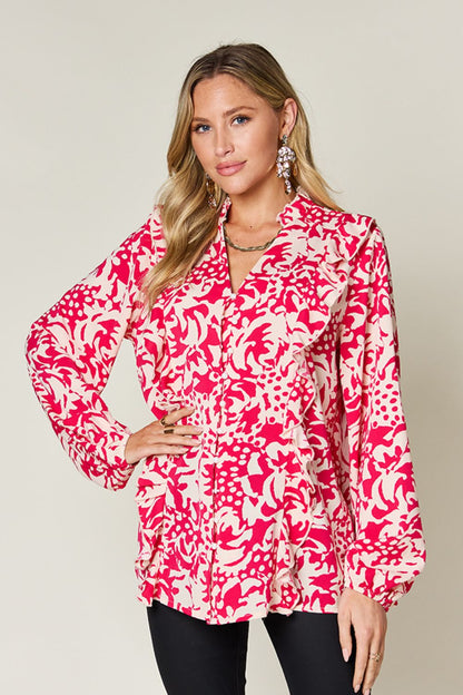 Double Take Full Size Printed Ruffle Trim Balloon Sleeve Shirt Hot Pink