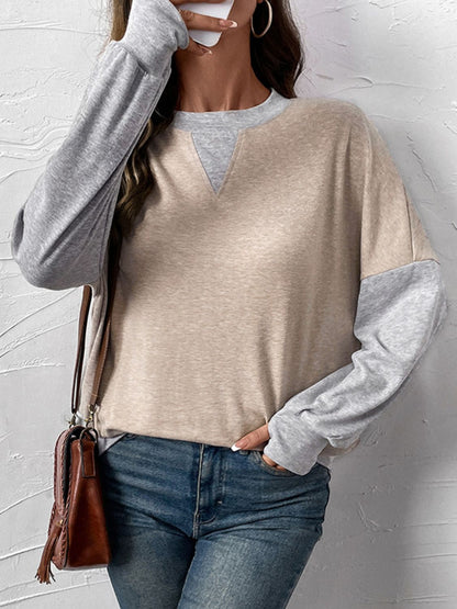 Perfee Contrast Round Neck Long Sleeve T-Shirt Tan