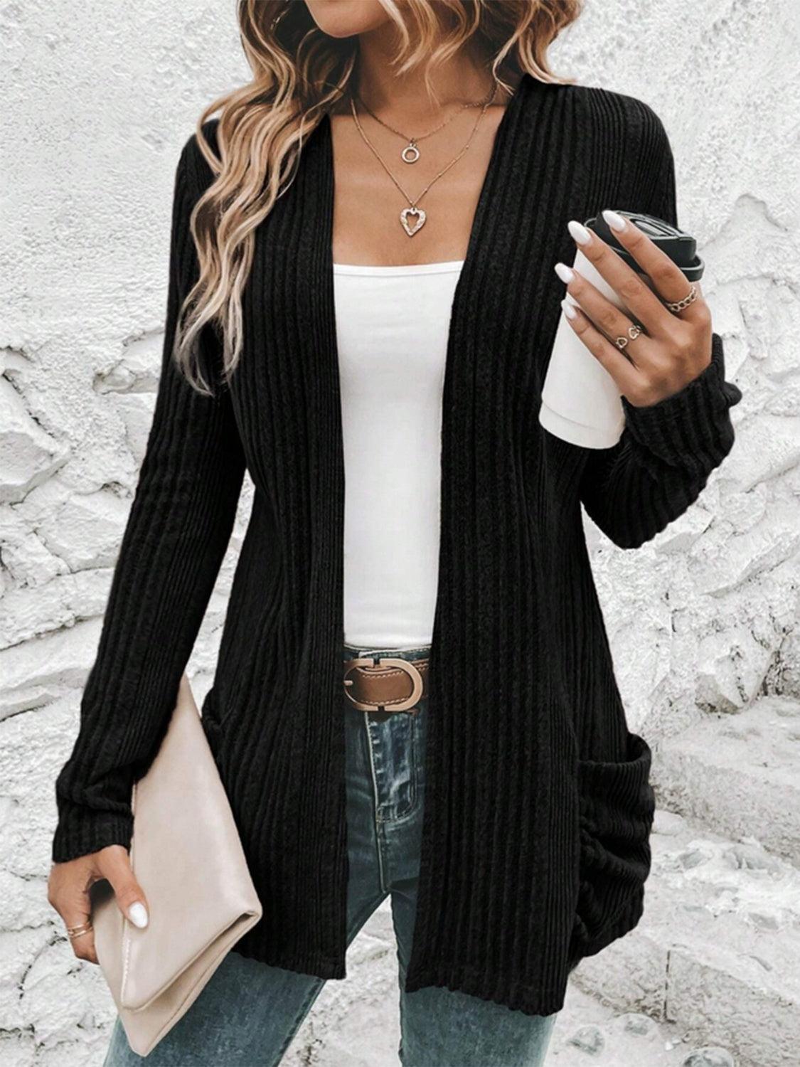 Pocketed Open Front Long Sleeve Cardigan Black