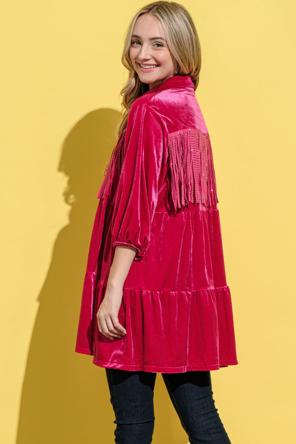 And The Why Fringe Detailed Velvet Shirt Dress Magenta